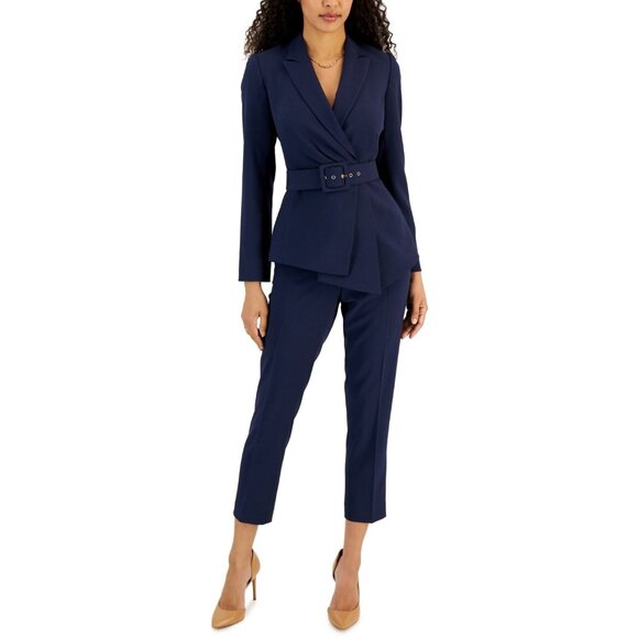Tahari ASL Belted Jacket Pantsuit Jacket & Pants Blue Navy Size 12 MSRP $229 - Picture 1 of 4